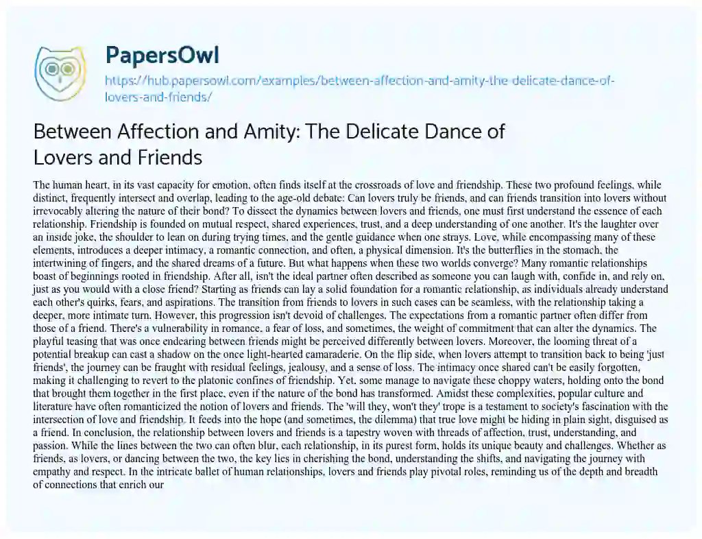 Essay on Between Affection and Amity: The Delicate Dance of Lovers and Friends