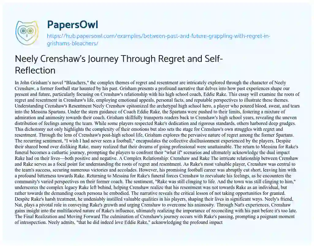Essay on Neely Crenshaw’s Journey Through Regret and Self-Reflection
