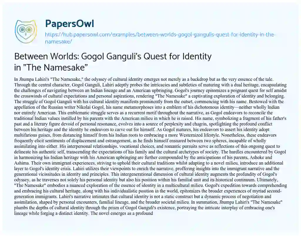 Essay on Between Worlds: Gogol Ganguli’s Quest for Identity in “The Namesake”