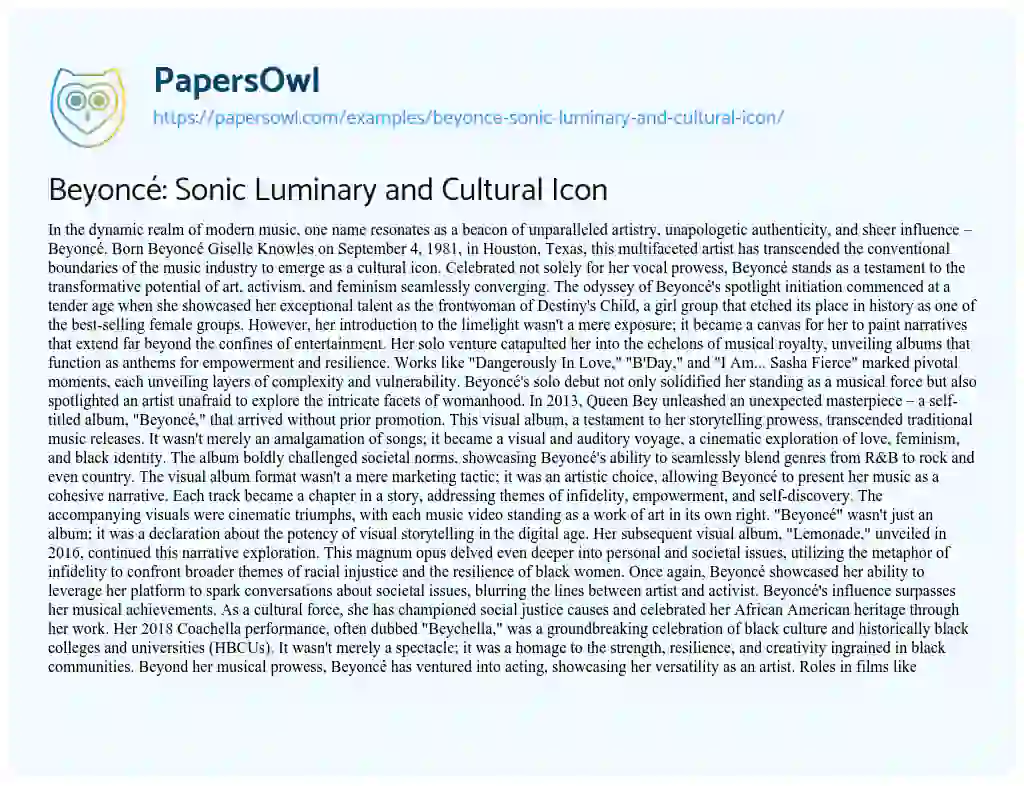 Essay on Beyoncé: Sonic Luminary and Cultural Icon