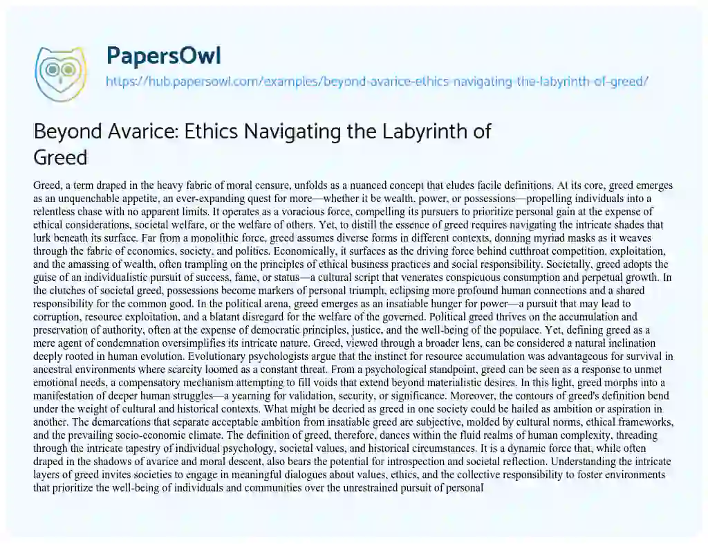 Essay on Beyond Avarice: Ethics Navigating the Labyrinth of Greed