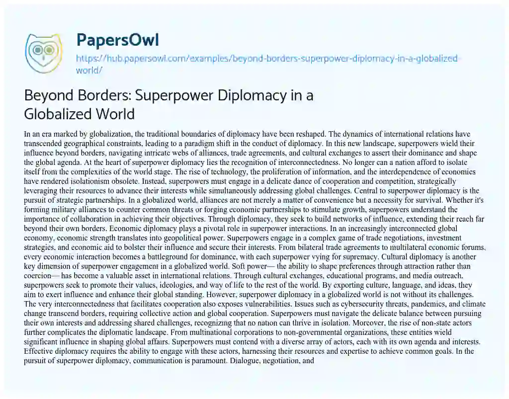 Essay on Beyond Borders: Superpower Diplomacy in a Globalized World