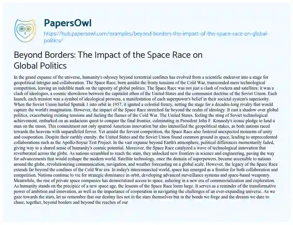 Essay on Beyond Borders: The Impact of the Space Race on Global Politics