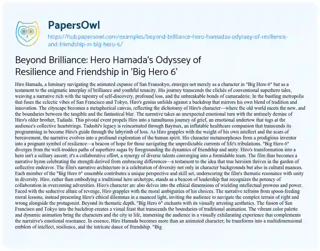Essay on Beyond Brilliance: Hero Hamada’s Odyssey of Resilience and Friendship in ‘Big Hero 6’