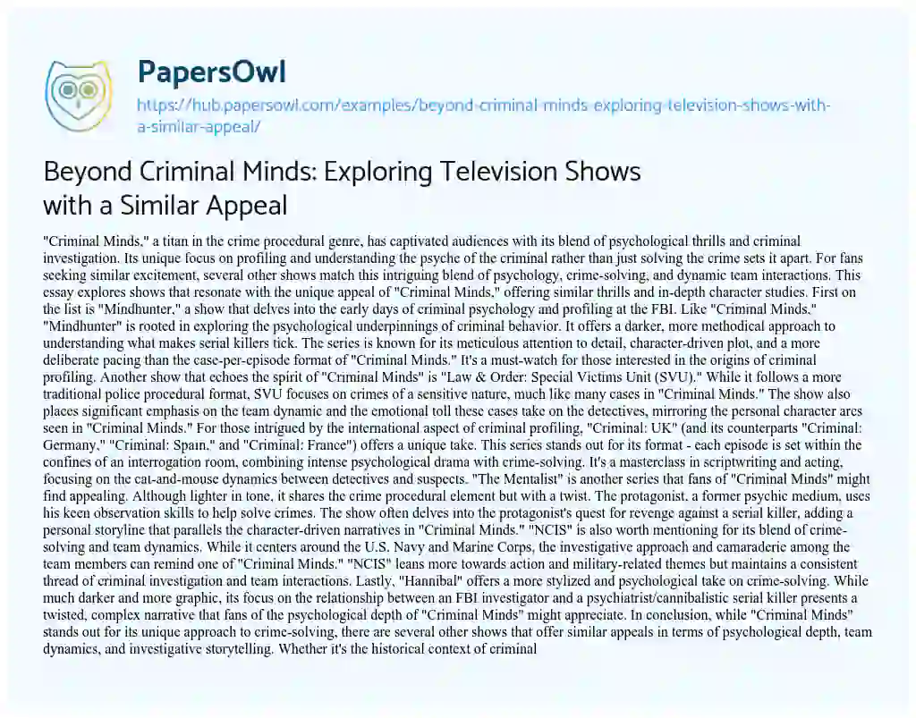 Essay on Beyond Criminal Minds: Exploring Television Shows with a Similar Appeal