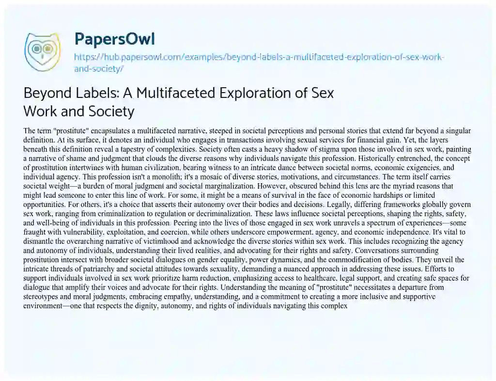 Essay on Beyond Labels: A Multifaceted Exploration of Sex Work and Society