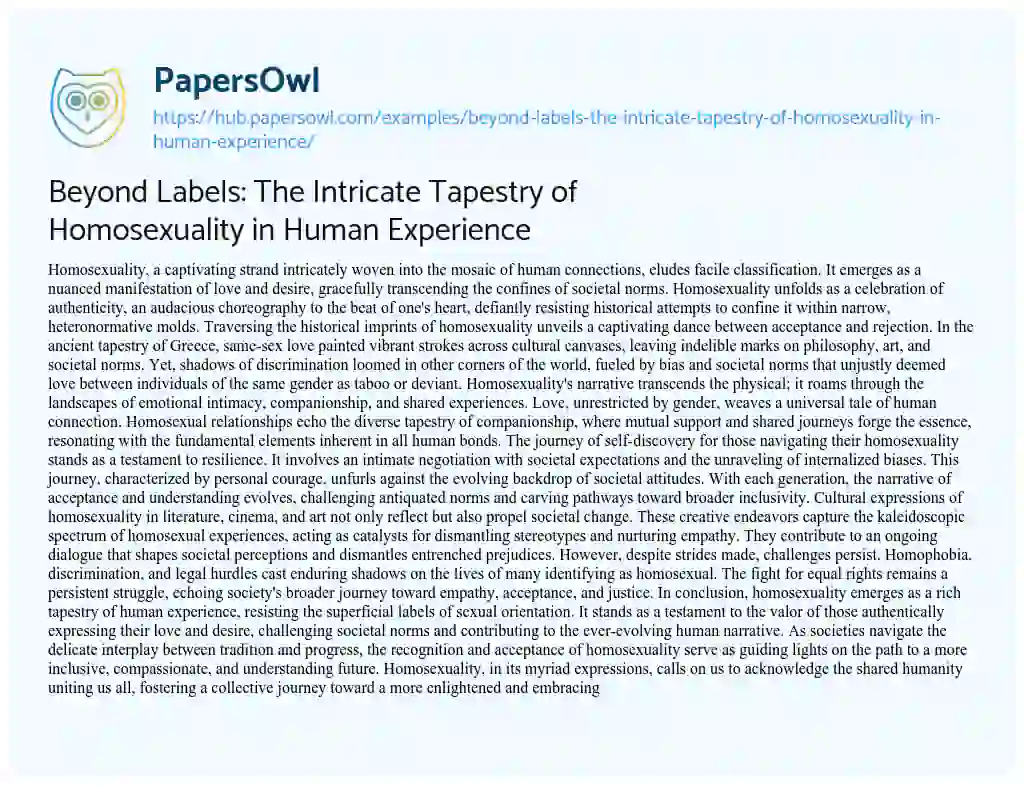 Essay on Beyond Labels: The Intricate Tapestry of Homosexuality in Human Experience