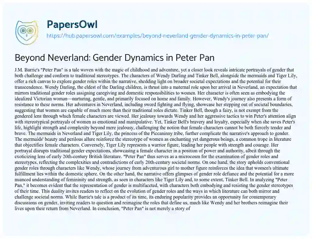 Essay on Beyond Neverland: Gender Dynamics in Peter Pan