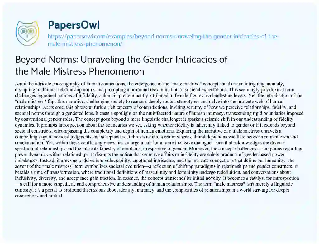 Essay on Beyond Norms: Unraveling the Gender Intricacies of the Male Mistress Phenomenon
