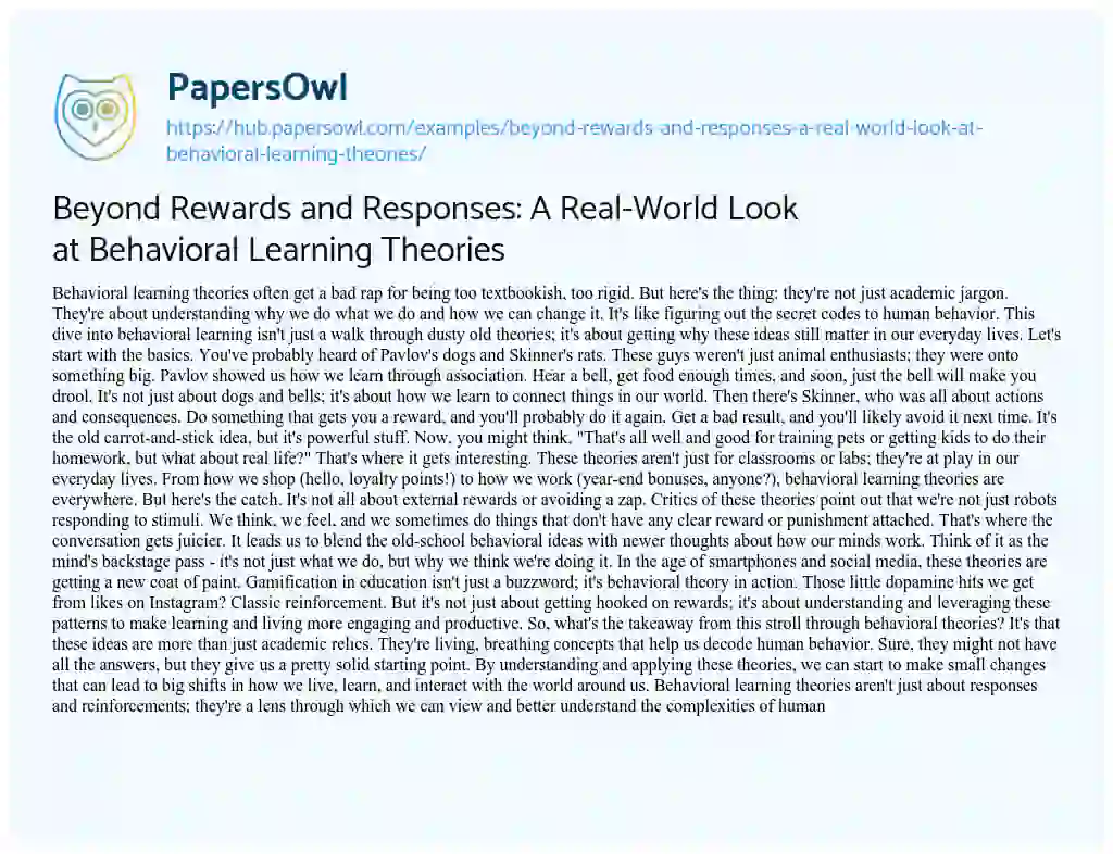 Essay on Beyond Rewards and Responses: A Real-World Look at Behavioral Learning Theories