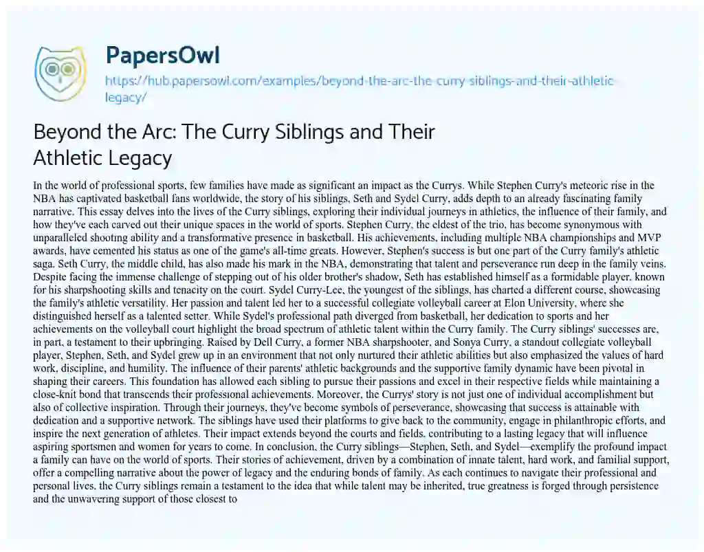 Essay on Beyond the Arc: The Curry Siblings and Their Athletic Legacy