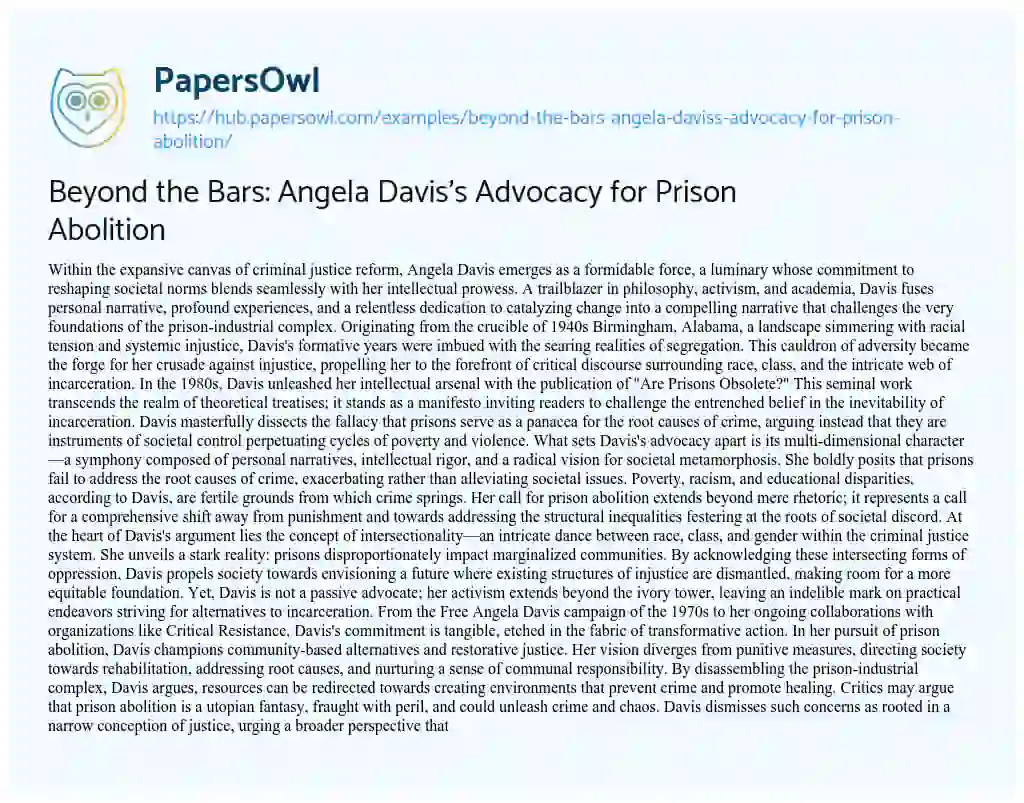 Essay on Beyond the Bars: Angela Davis’s Advocacy for Prison Abolition