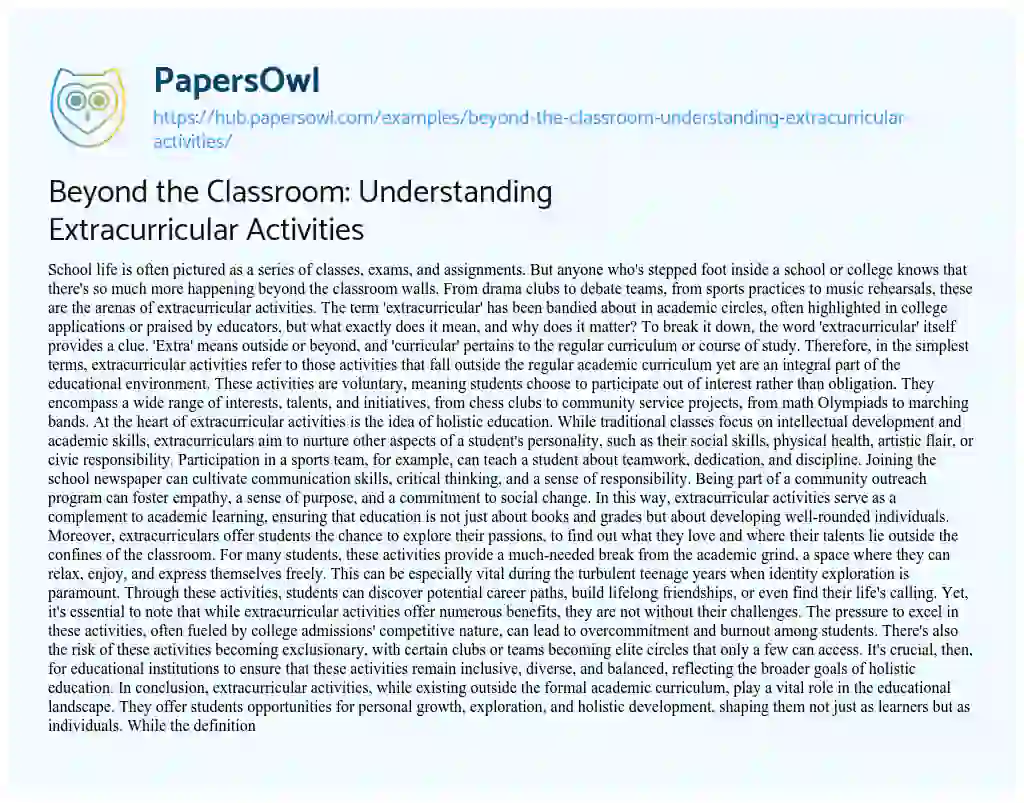 Essay on Beyond the Classroom: Understanding Extracurricular Activities