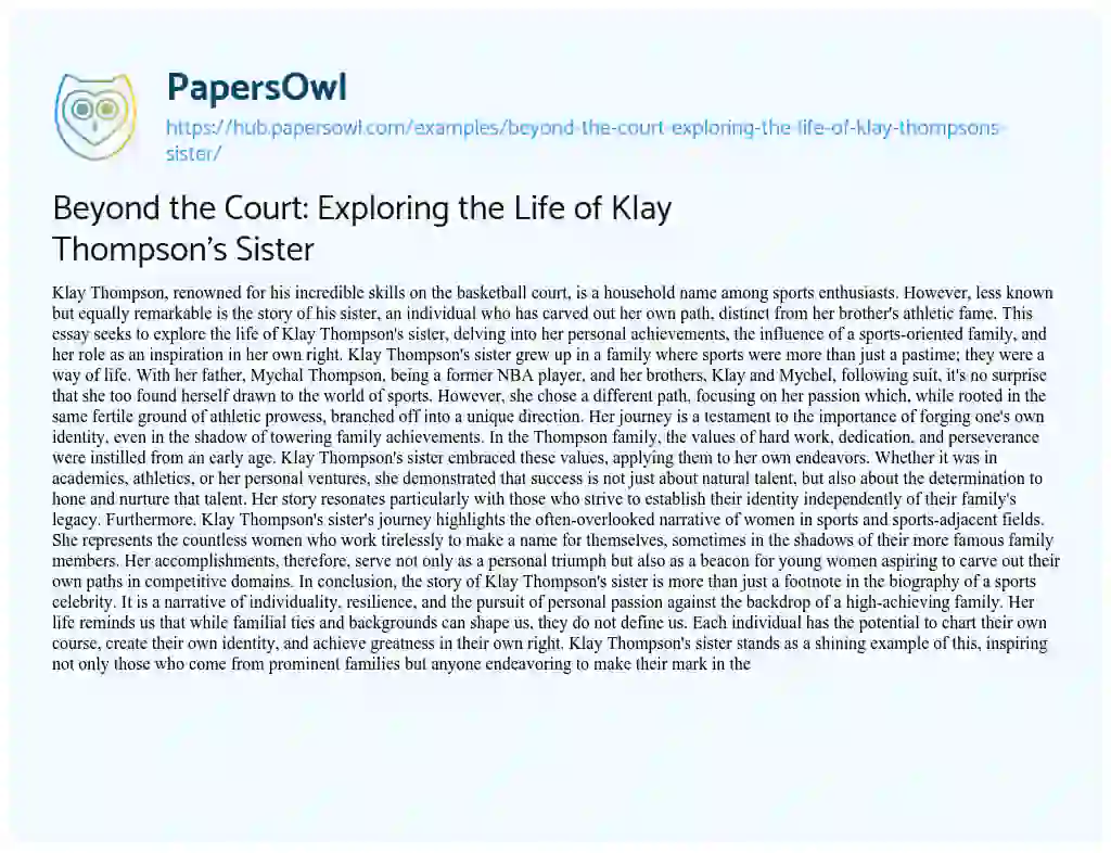 Essay on Beyond the Court: Exploring the Life of Klay Thompson’s Sister