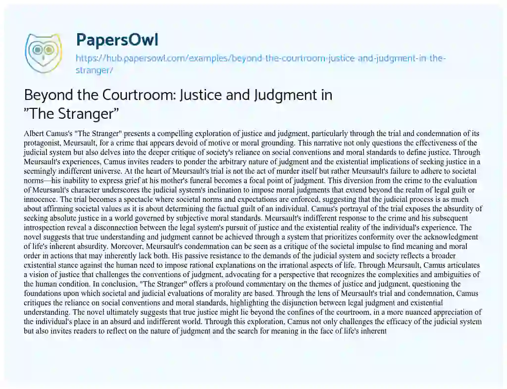 Essay on Beyond the Courtroom: Justice and Judgment in “The Stranger”