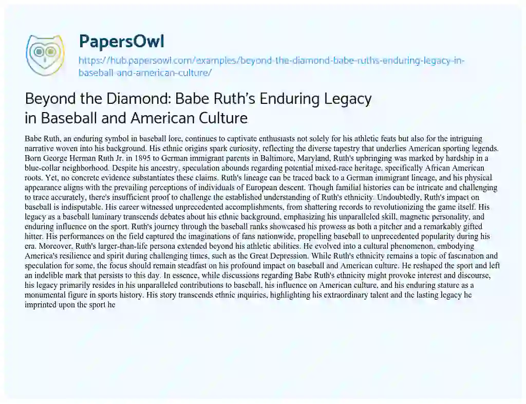 Essay on Beyond the Diamond: Babe Ruth’s Enduring Legacy in Baseball and American Culture