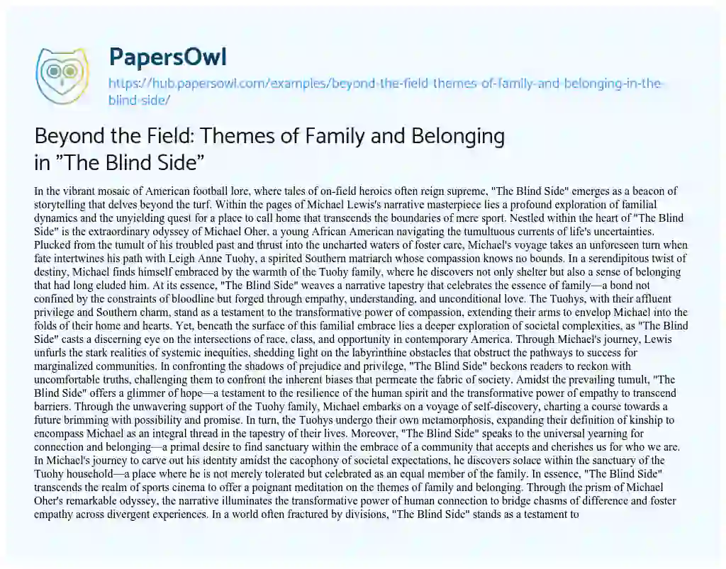 Essay on Beyond the Field: Themes of Family and Belonging in “The Blind Side”