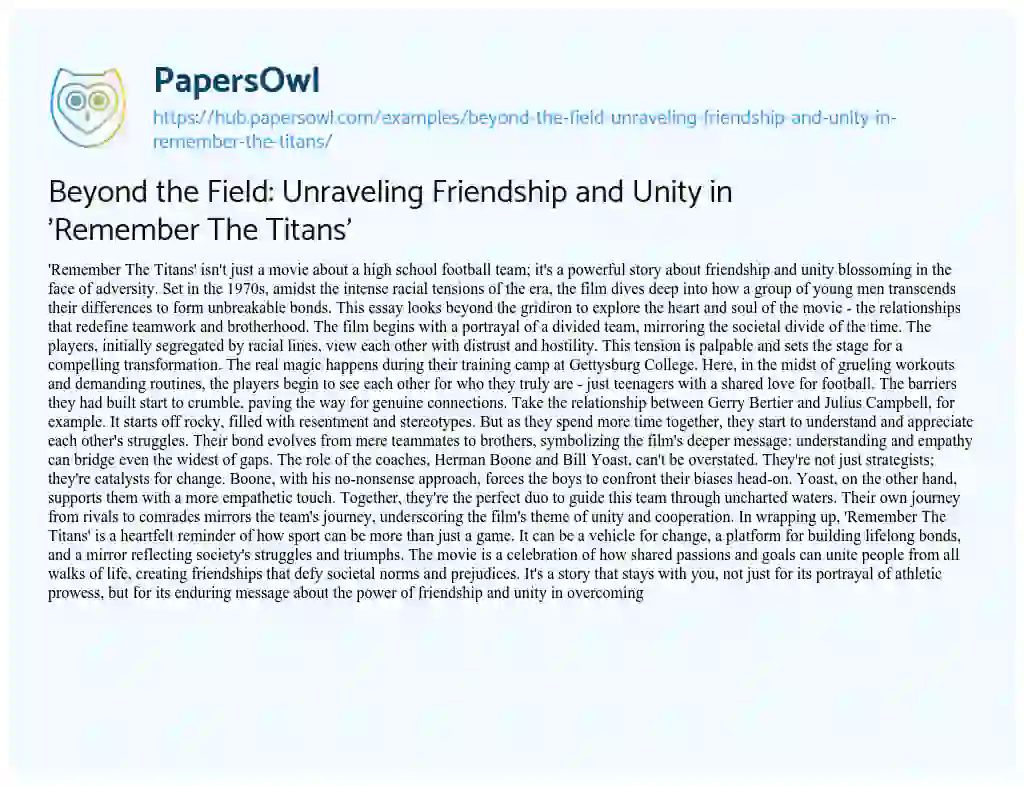 Essay on Beyond the Field: Unraveling Friendship and Unity in ‘Remember The Titans’