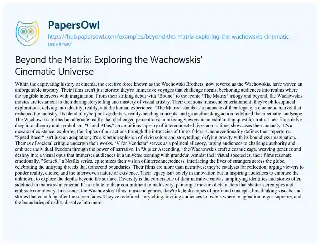 Essay on Beyond the Matrix: Exploring the Wachowskis’ Cinematic Universe