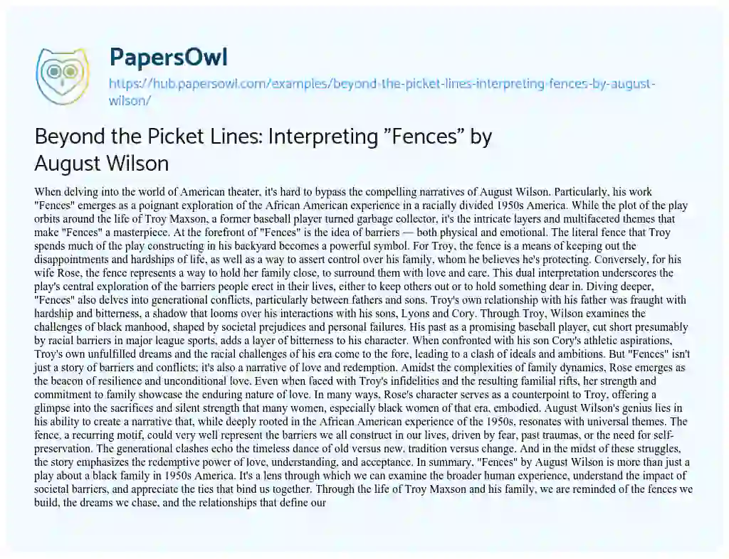 Essay on Beyond the Picket Lines: Interpreting “Fences” by August Wilson