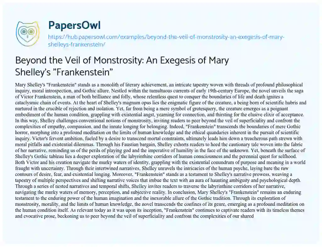 Essay on Beyond the Veil of Monstrosity: An Exegesis of Mary Shelley’s “Frankenstein”
