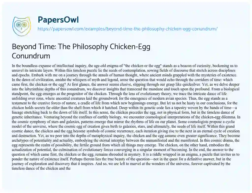 Essay on Beyond Time: The Philosophy Chicken-Egg Conundrum