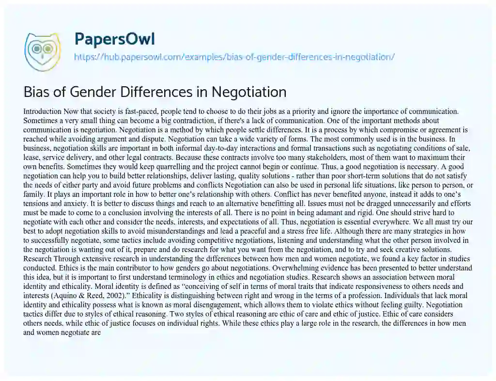 Essay on Bias of Gender Differences in Negotiation