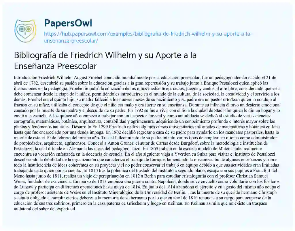 Essay on Bibliografía de Friedrich Wilhelm y su Aporte a la Enseñanza Preescolar