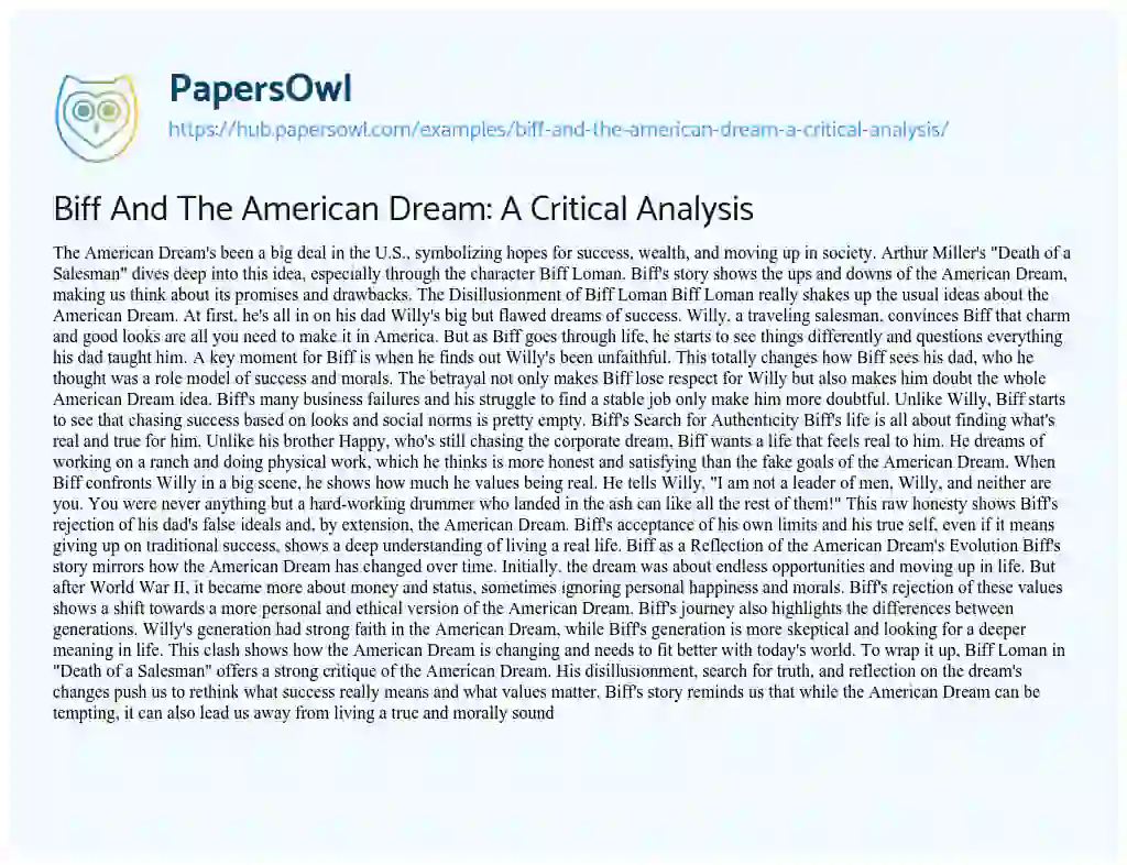 Essay on Biff And The American Dream: A Critical Analysis