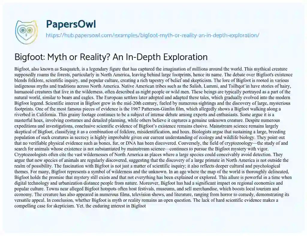 Essay on Bigfoot: Myth or Reality? An In-Depth Exploration
