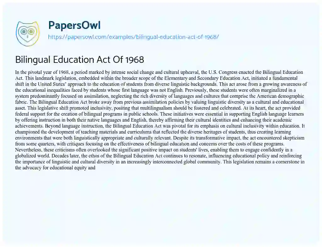 Essay on Bilingual Education Act Of 1968