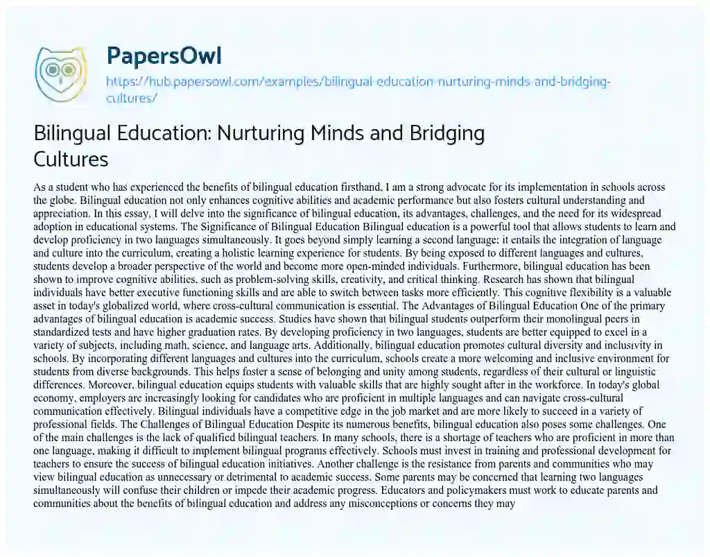 Essay on Bilingual Education: Nurturing Minds and Bridging Cultures