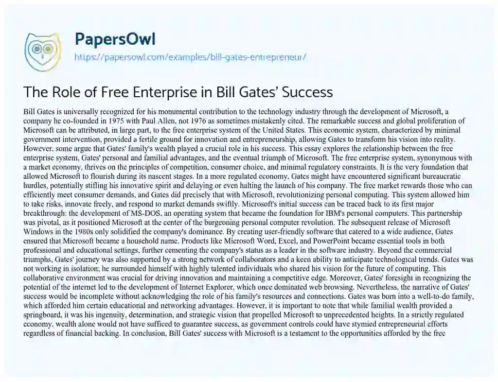 Essay on The Role of Free Enterprise in Bill Gates’ Success