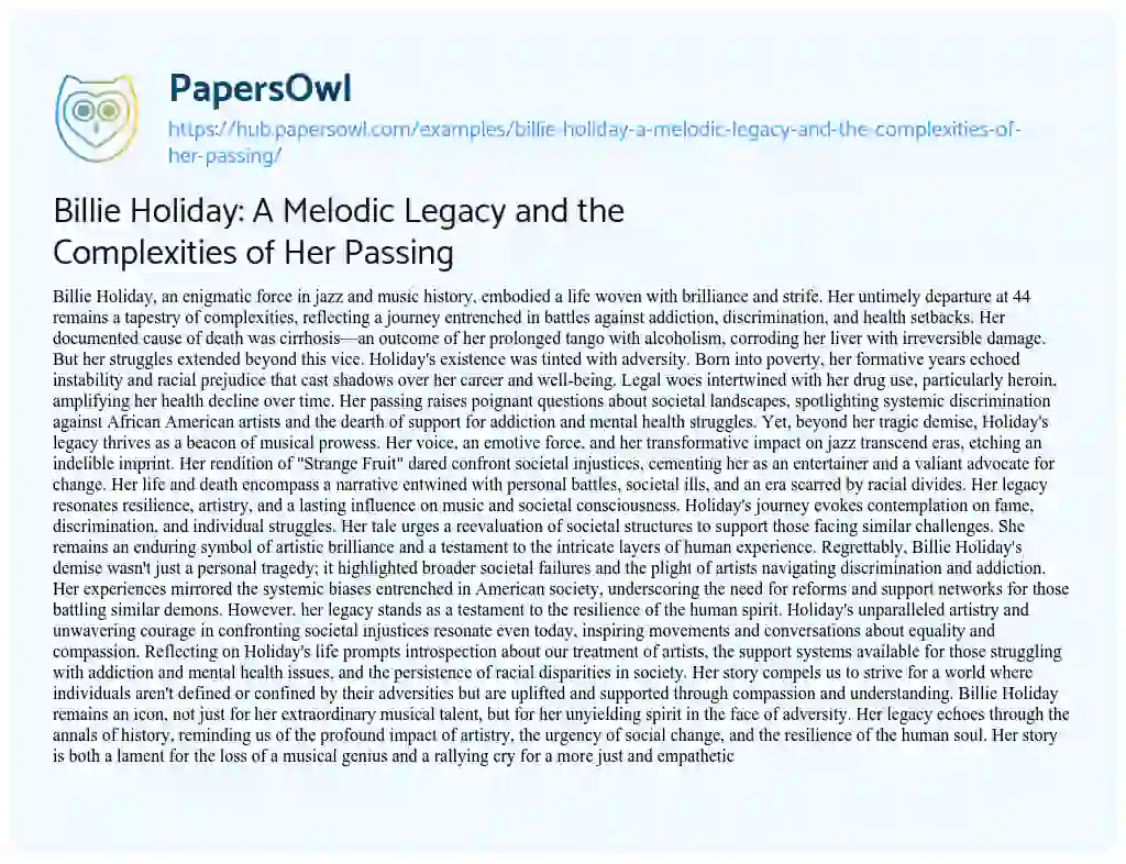 Essay on Billie Holiday: A Melodic Legacy and the Complexities of Her Passing