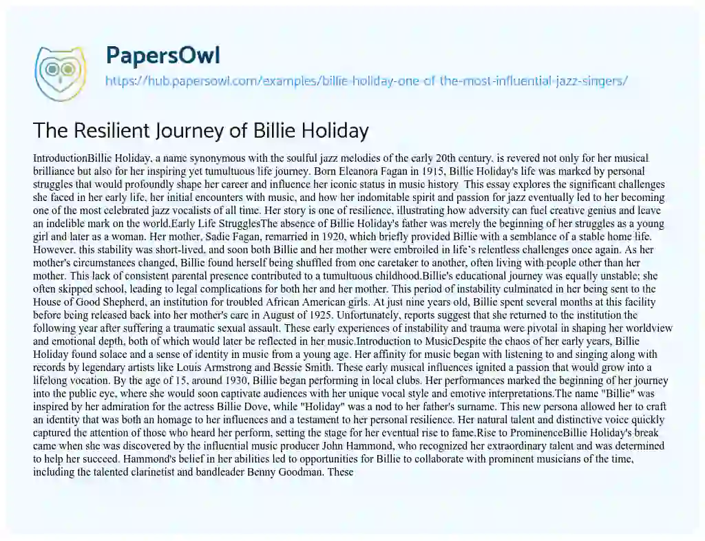 Essay on The Resilient Journey of Billie Holiday