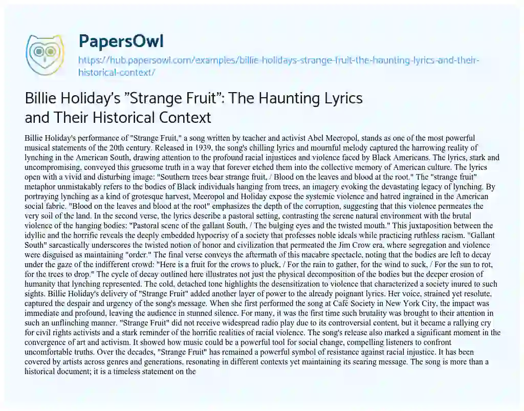 Essay on Billie Holiday’s “Strange Fruit”: The Haunting Lyrics and Their Historical Context
