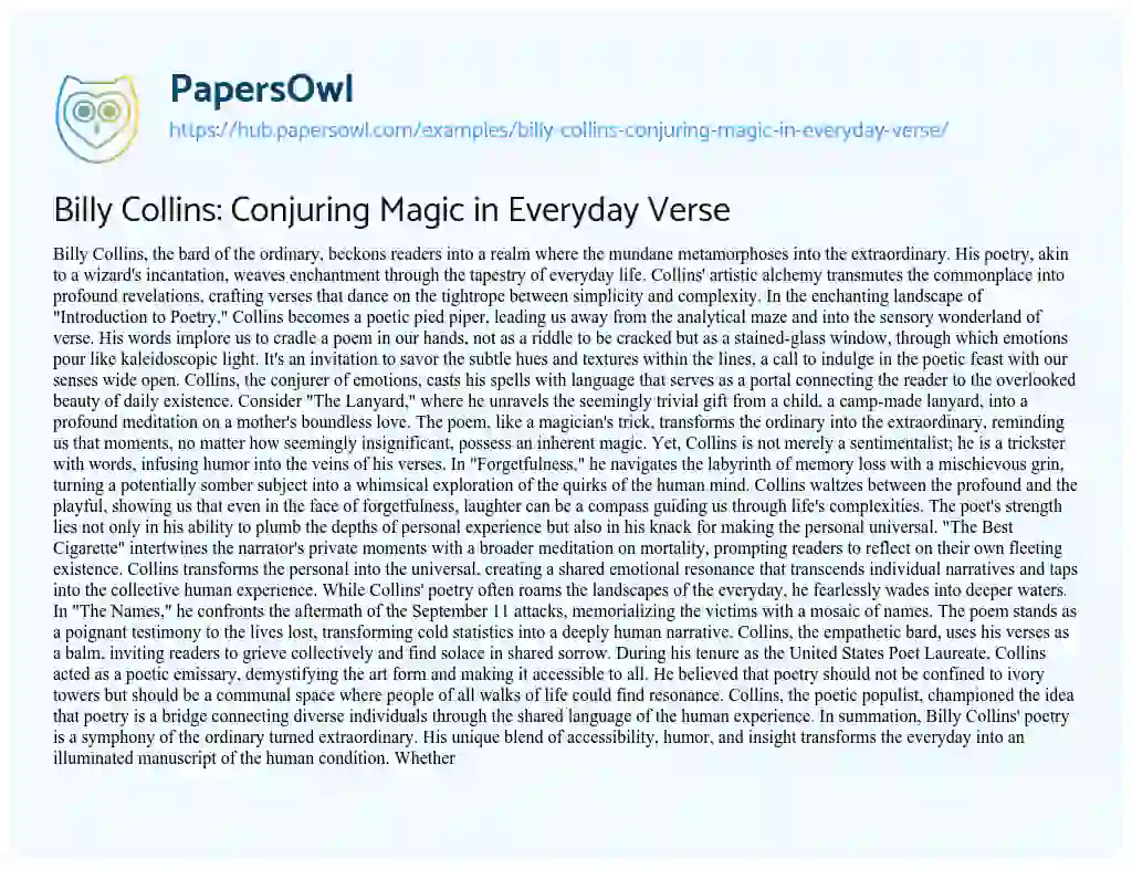 Essay on Billy Collins: Conjuring Magic in Everyday Verse