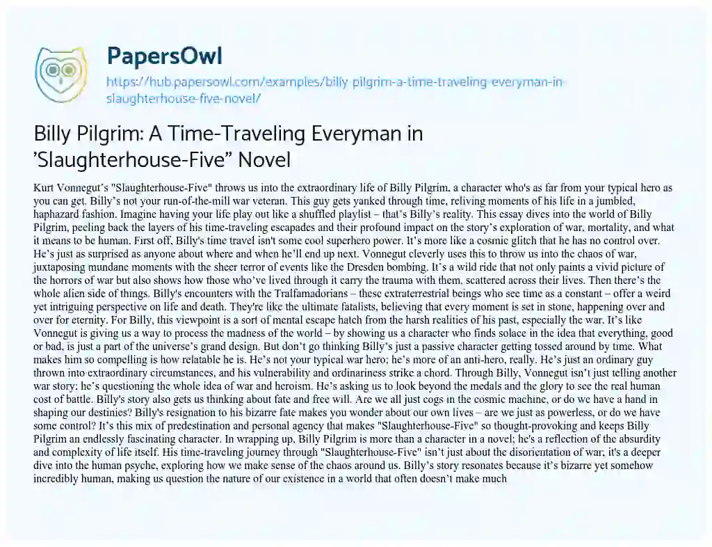 Essay on Billy Pilgrim: A Time-Traveling Everyman in ‘Slaughterhouse-Five” Novel