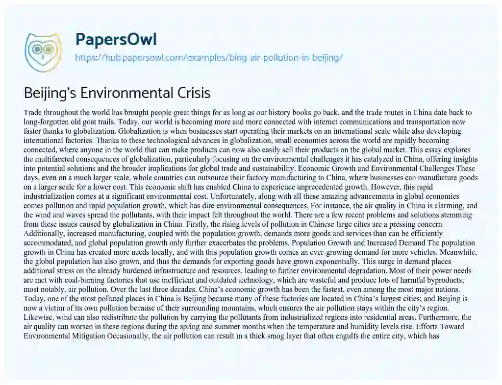 Essay on Beijing’s Environmental Crisis