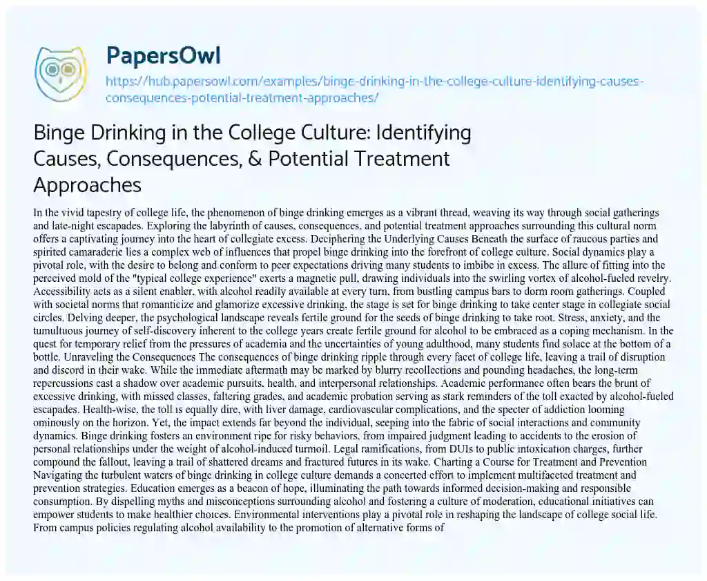 Essay on Binge Drinking in the College Culture: Identifying Causes, Consequences, & Potential Treatment Approaches