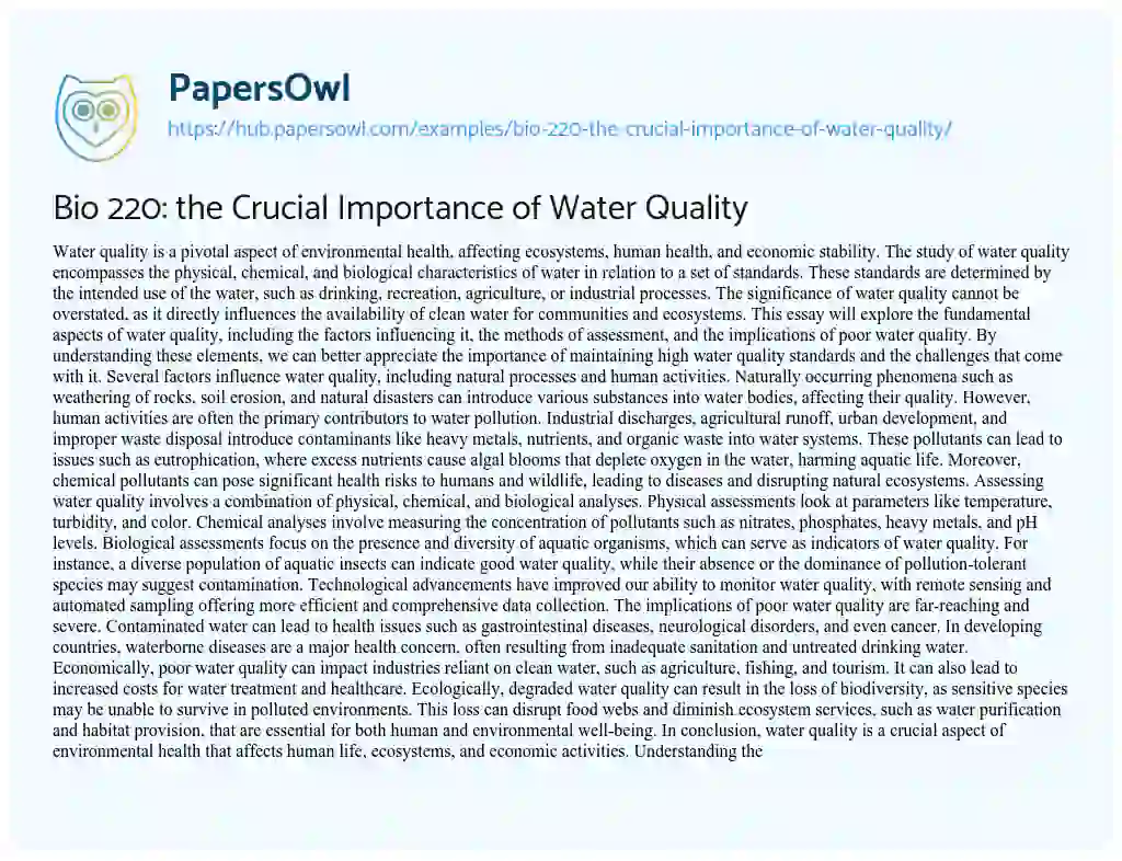 Essay on Bio 220: the Crucial Importance of Water Quality