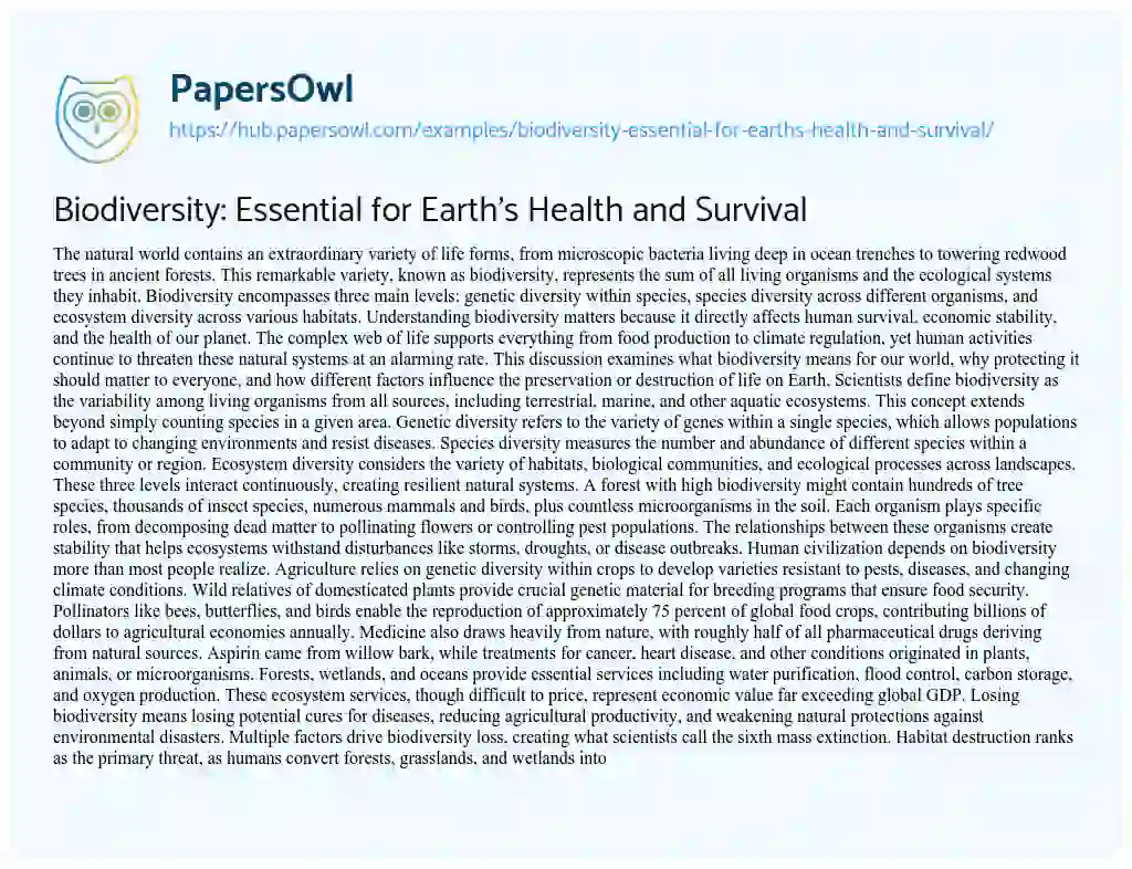 Essay on Biodiversity: Essential for Earth’s Health and Survival