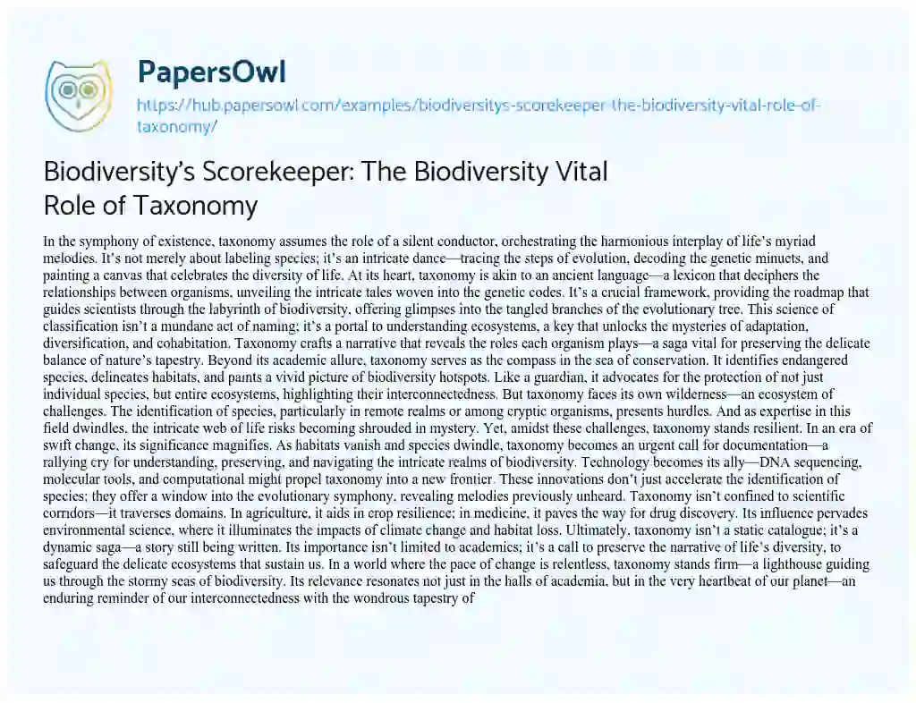 Essay on Biodiversity’s Scorekeeper: The Biodiversity Vital Role of Taxonomy
