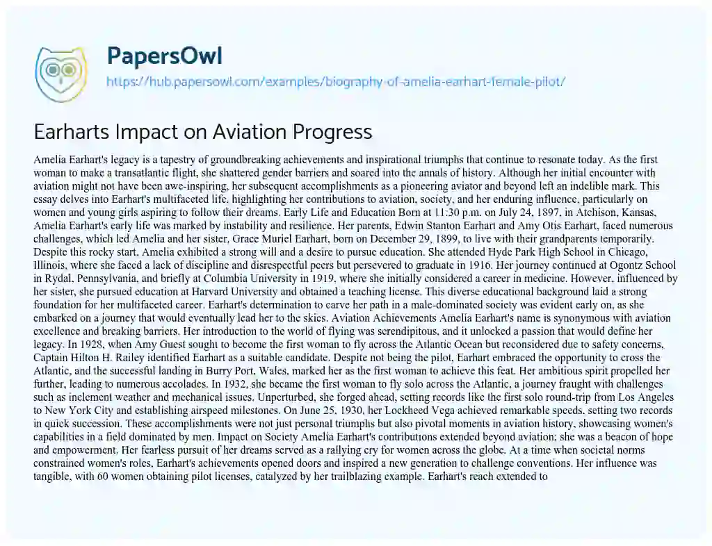 Essay on Earharts Impact on Aviation Progress