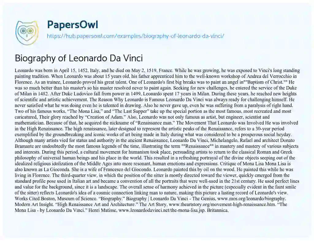 Essay on Biography of Leonardo Da Vinci