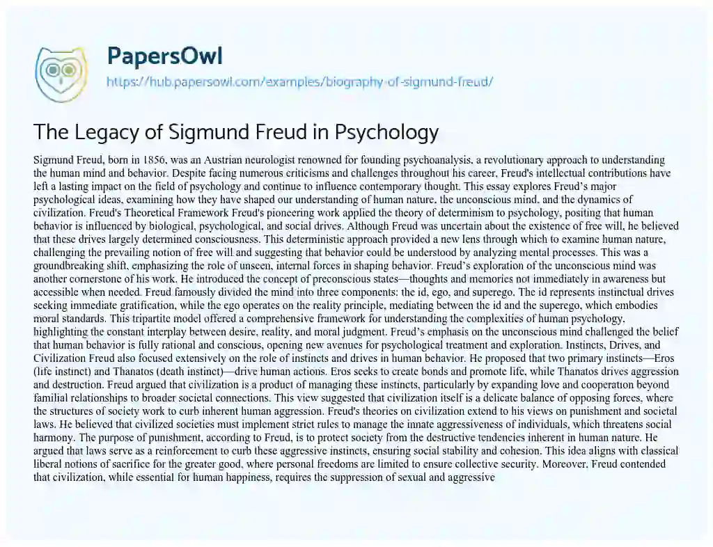Essay on The Legacy of Sigmund Freud in Psychology