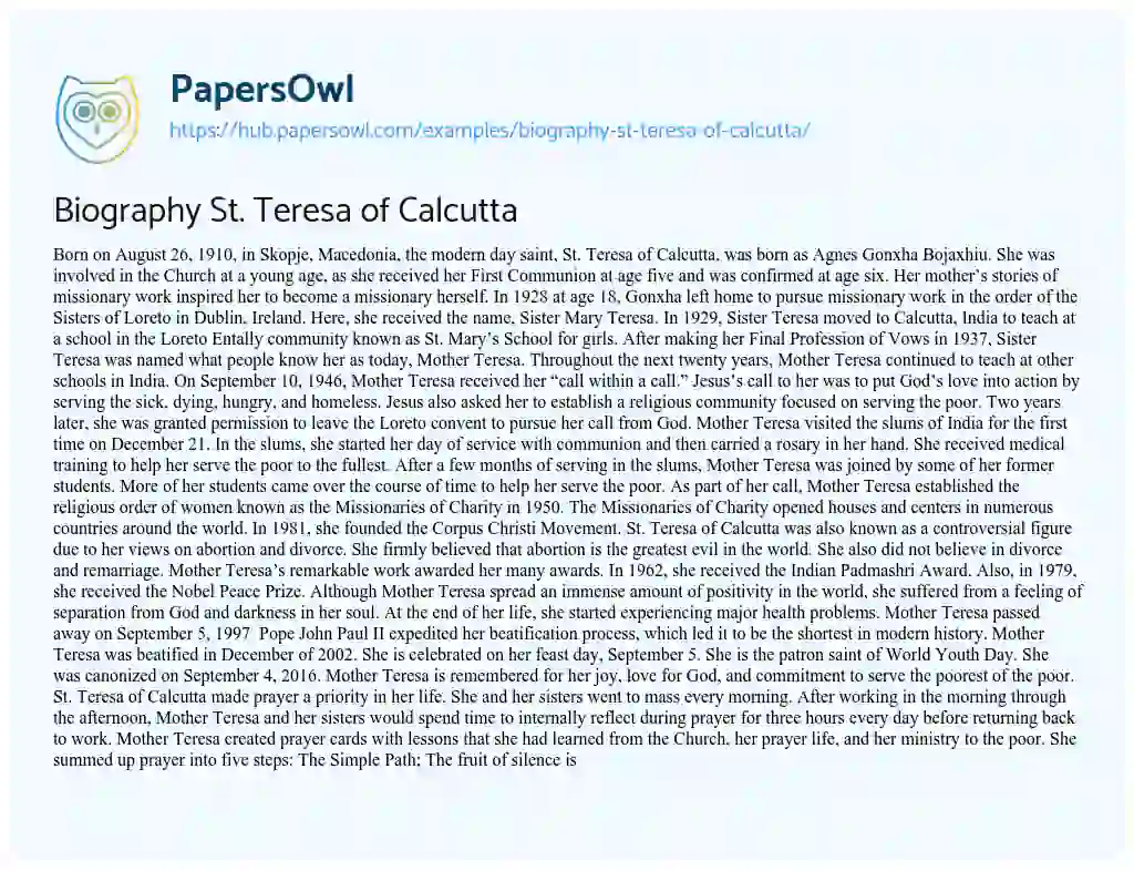 Essay on Biography St. Teresa of Calcutta
