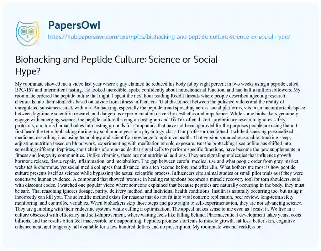 Essay on Biohacking and Peptide Culture: Science or Social Hype?
