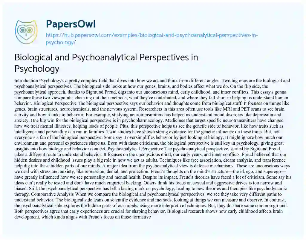 Essay on Biological and Psychoanalytical Perspectives in Psychology
