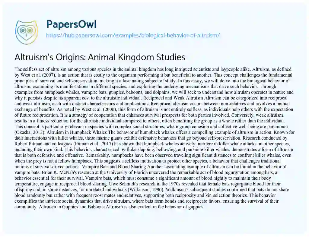 Essay on Altruism’s Origins: Animal Kingdom Studies